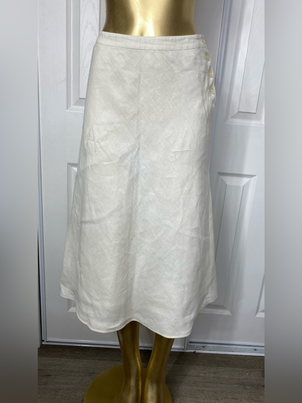 💯Linen Ralph Lauren Cream Midi A-Line Linen Skirt with Side Buttons - Picture 1 of 9
